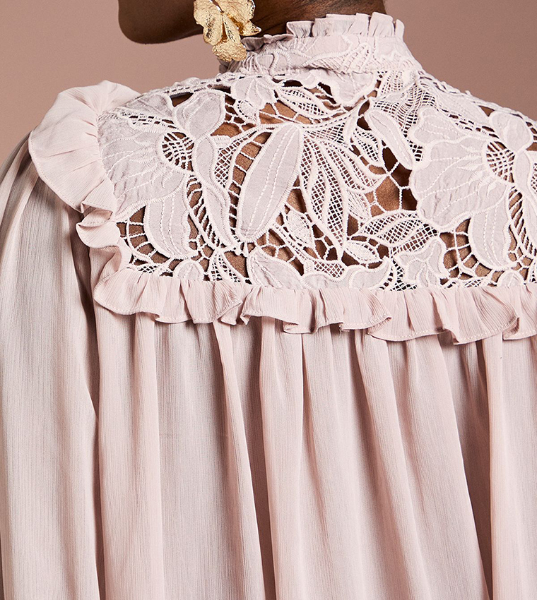 Lace Trim Georgette Long Sleeves Top