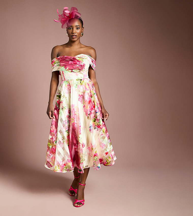 Printed Organza Pleated Midi Dress