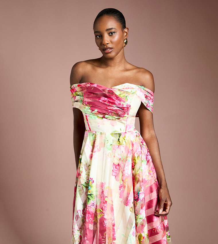 Printed Organza Pleated Midi Dress