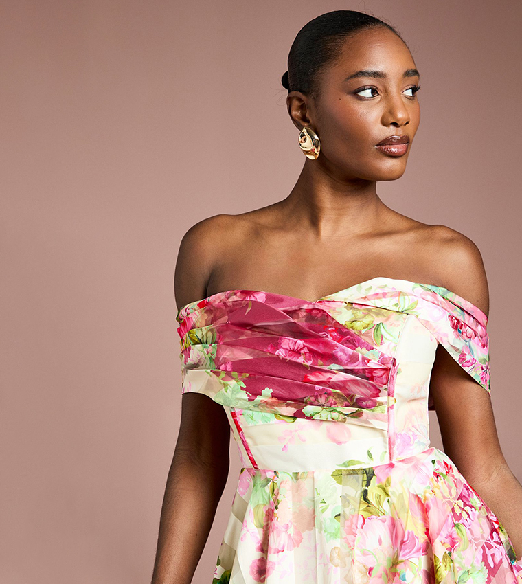 Printed Organza Pleated Midi Dress