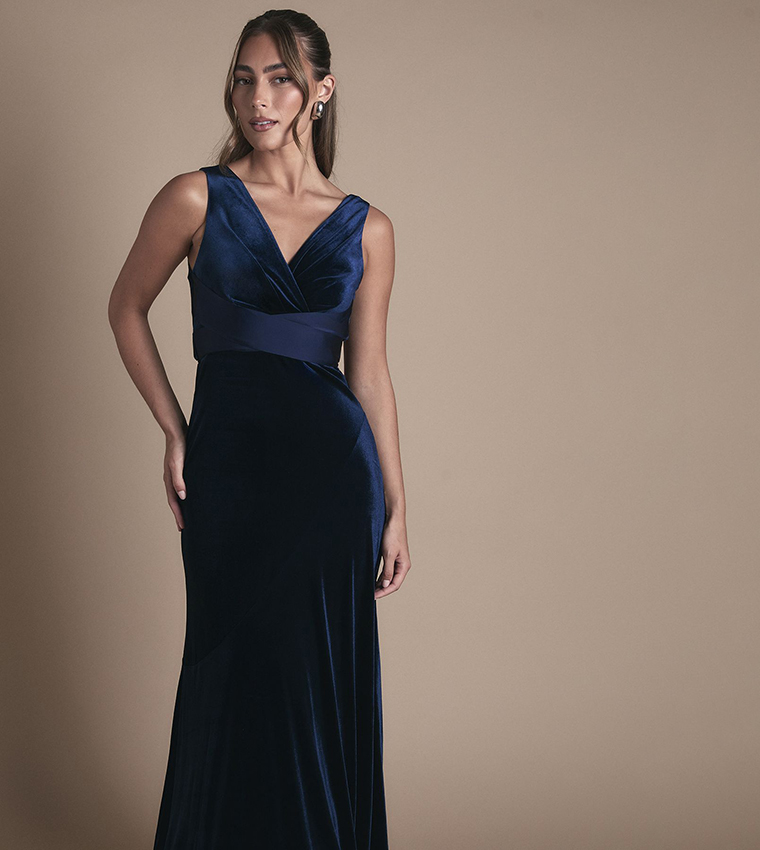 Velvet V-Neck Fishtail Maxi Bridesmaid Dress