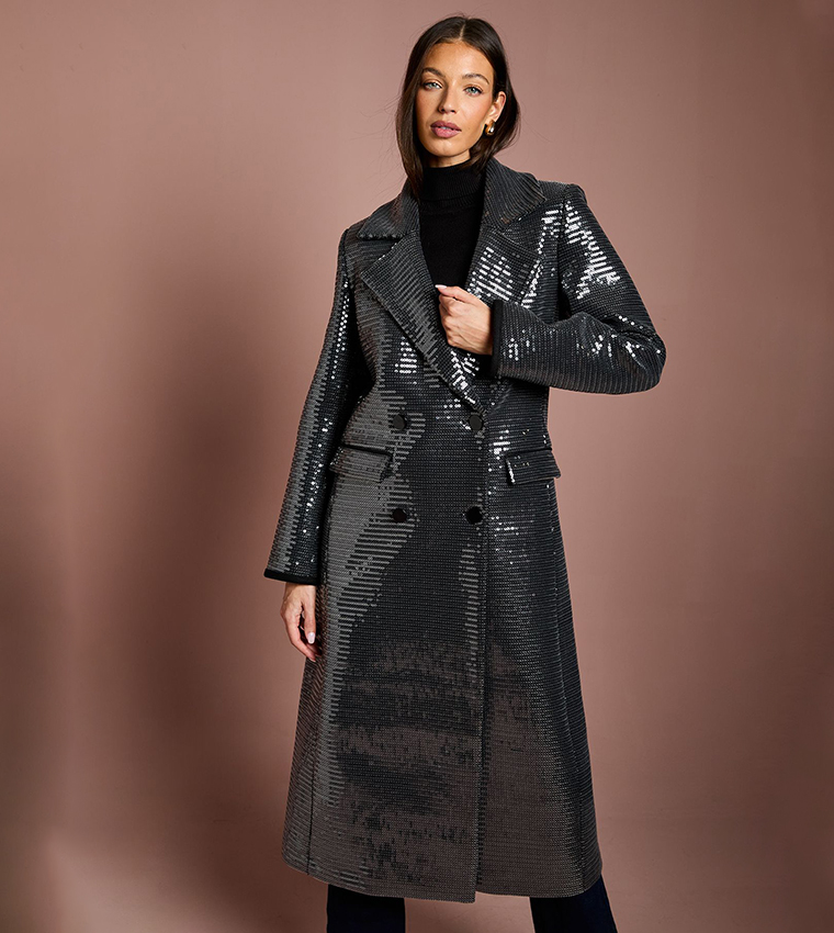 Sequined Fur Collar Coat