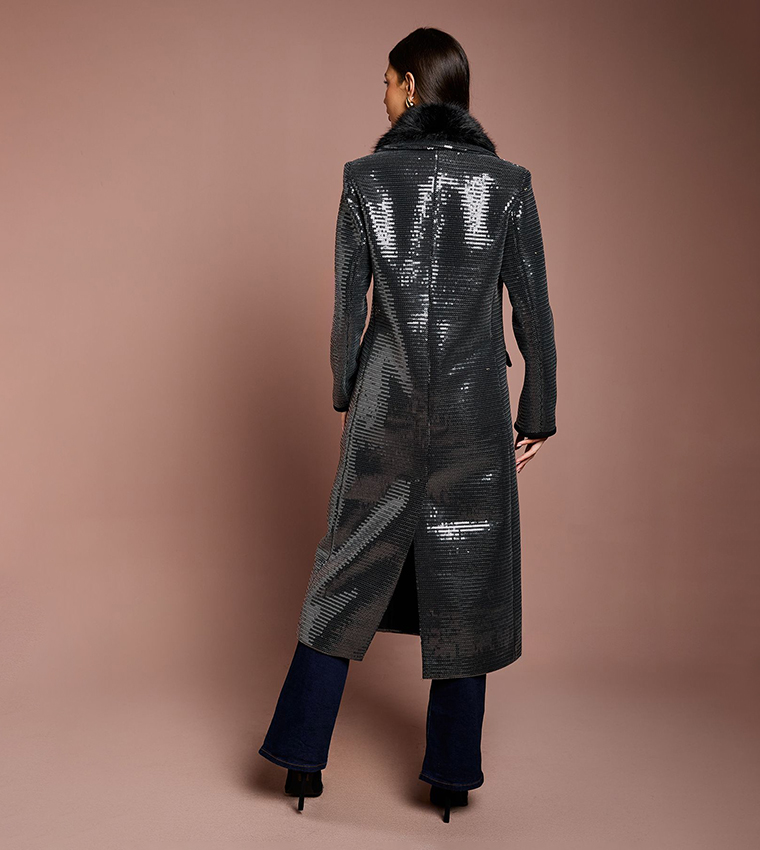 Sequined Fur Collar Coat