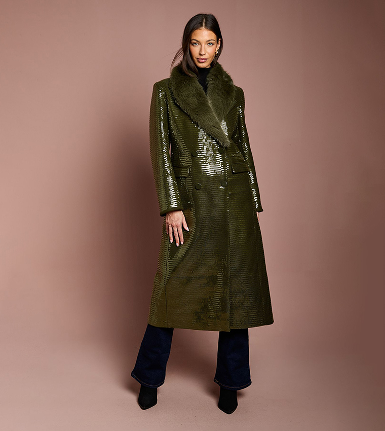 Sequined Fur Collar Coat