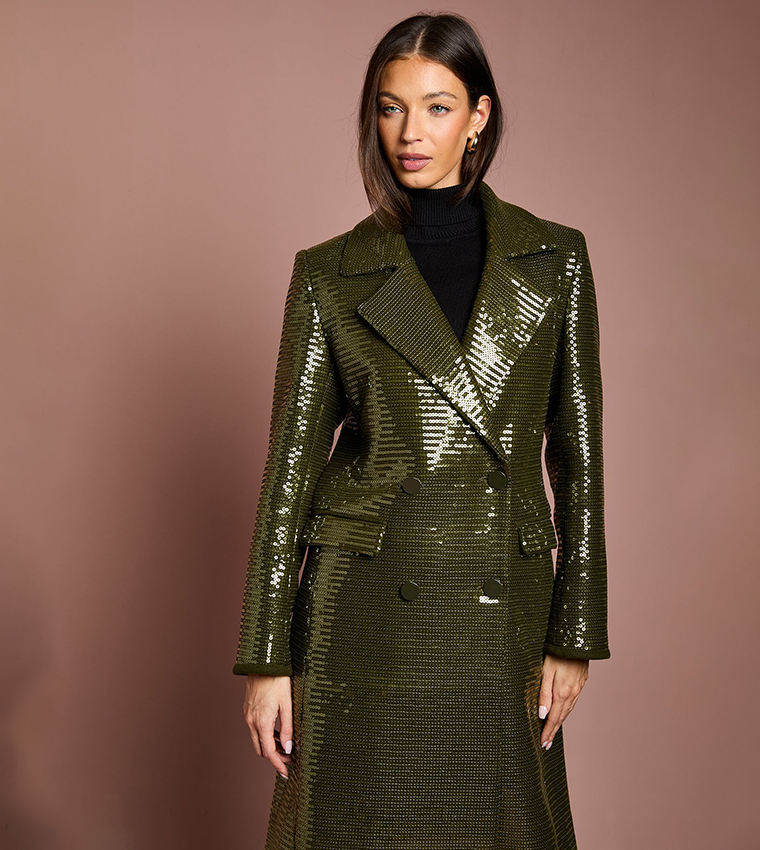 Sequined Fur Collar Coat