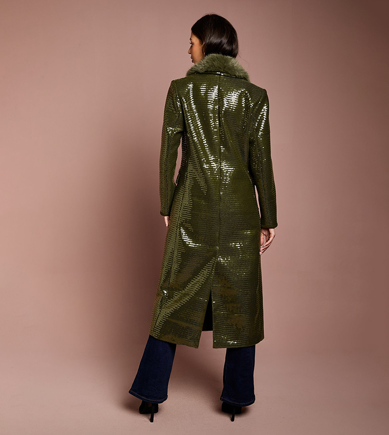 Sequined Fur Collar Coat