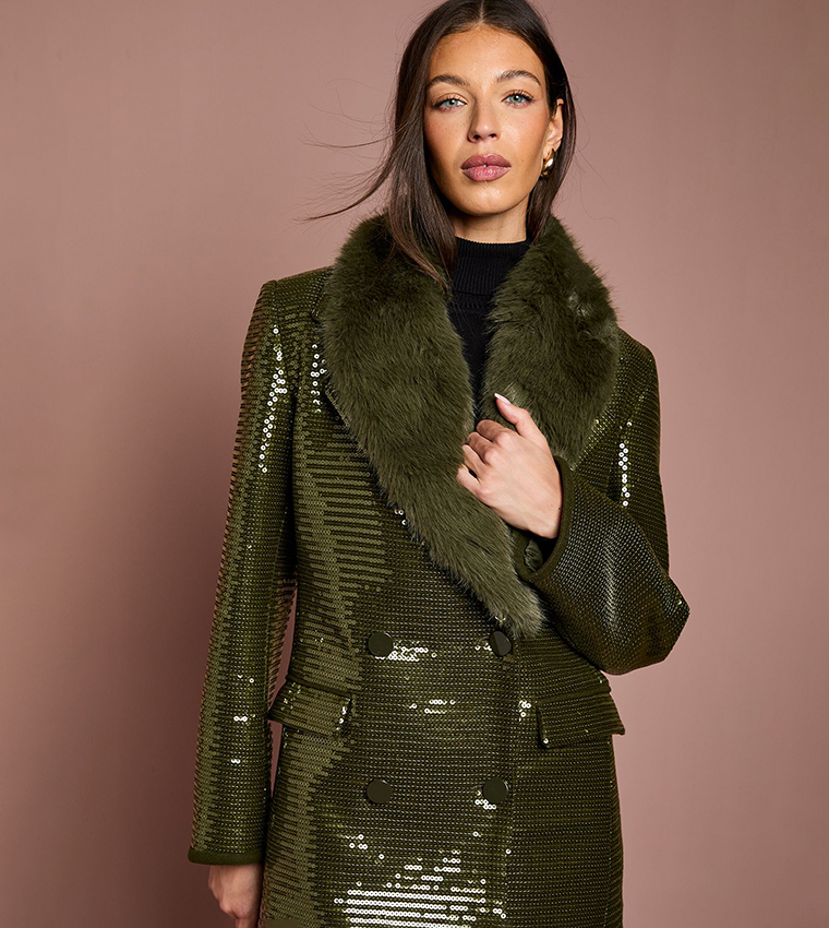 Sequined Fur Collar Coat