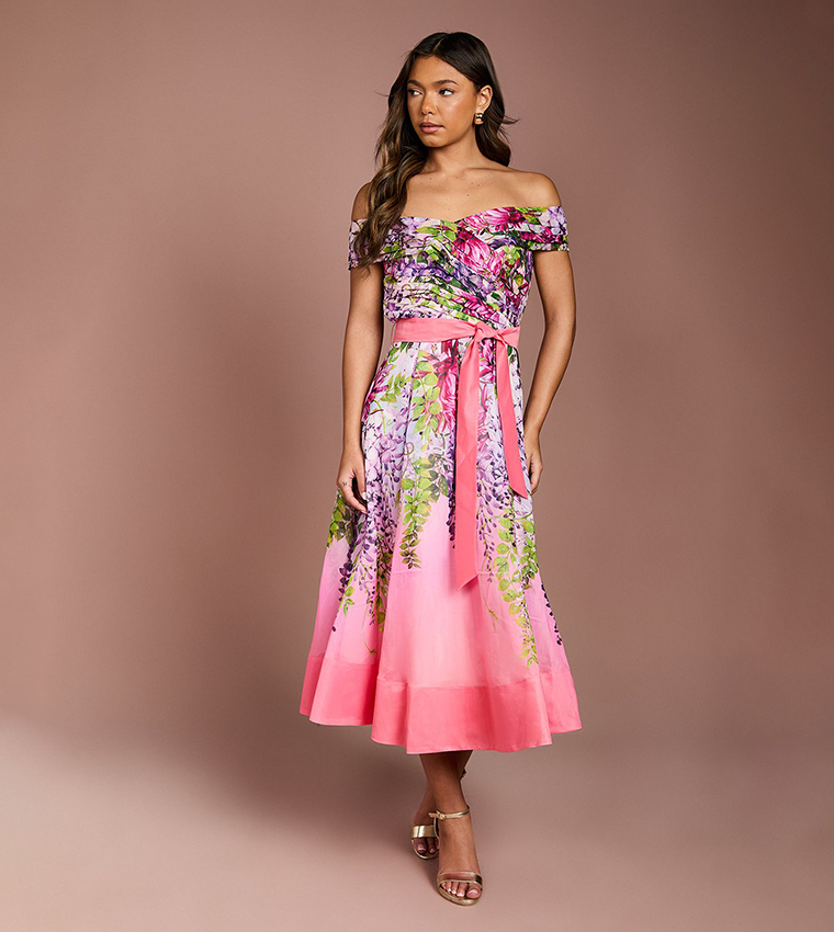 Floral Printed Bardot Pleated Midi Dress