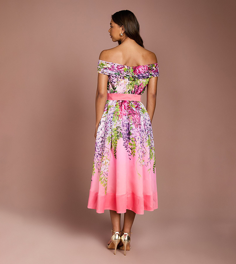Floral Printed Bardot Pleated Midi Dress