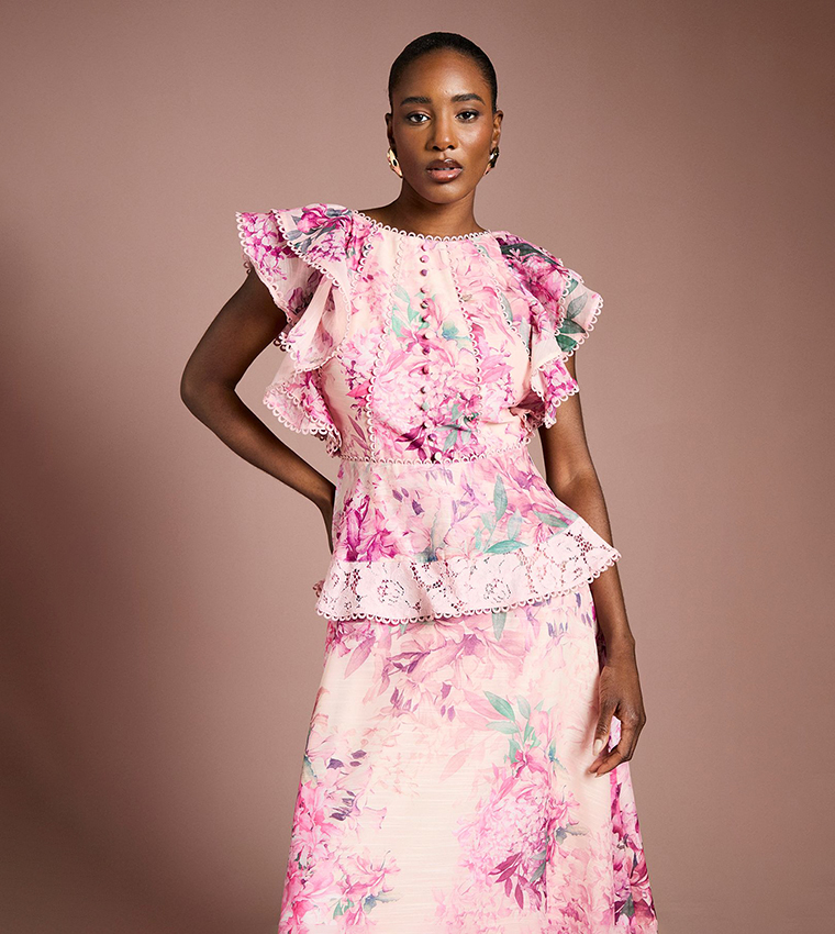 Printed Lace Trim Ruffle Midi Dress