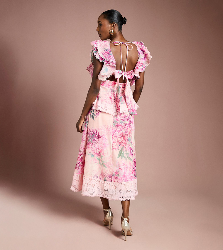 Printed Lace Trim Ruffle Midi Dress