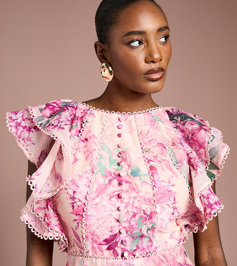 Printed Lace Trim Ruffle Midi Dress