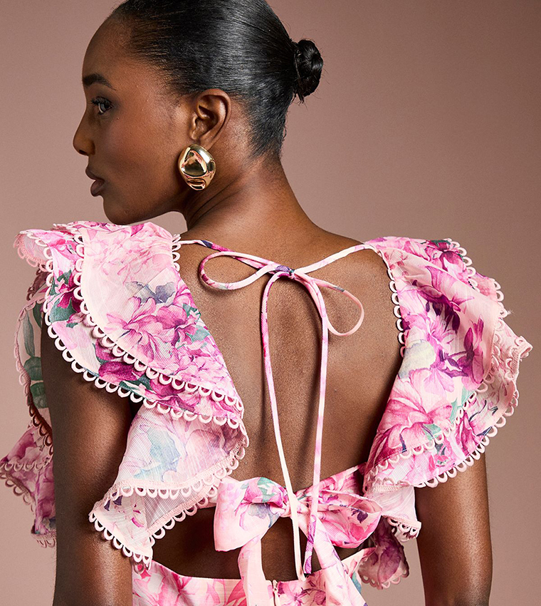 Printed Lace Trim Ruffle Midi Dress