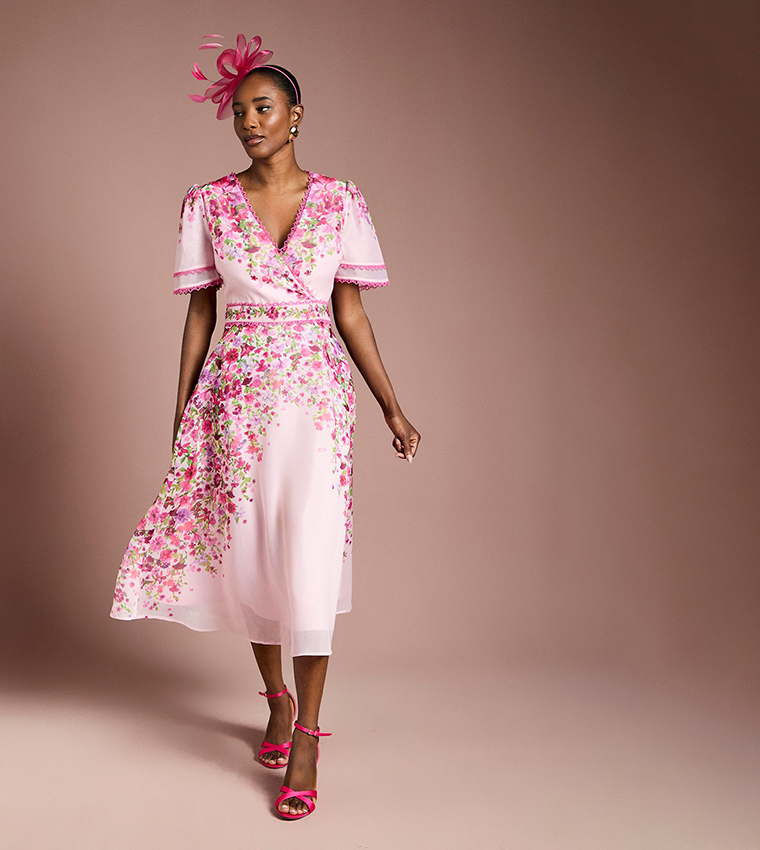 Placement Print Trailing Floral Organza Wrap Midi Dress