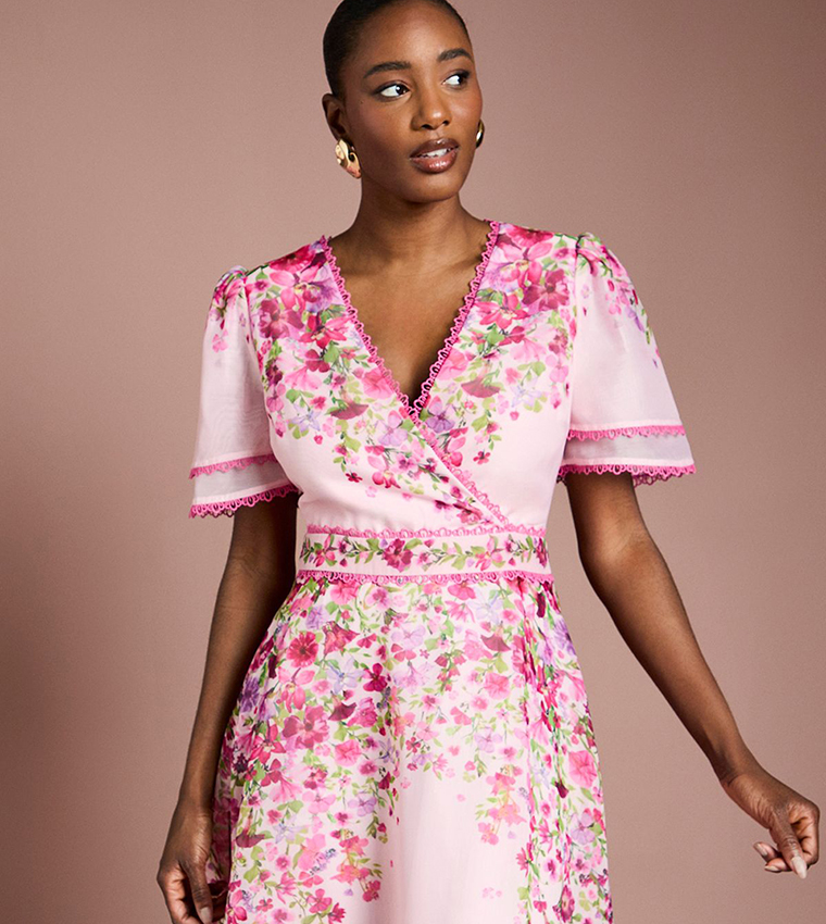 Placement Print Trailing Floral Organza Wrap Midi Dress