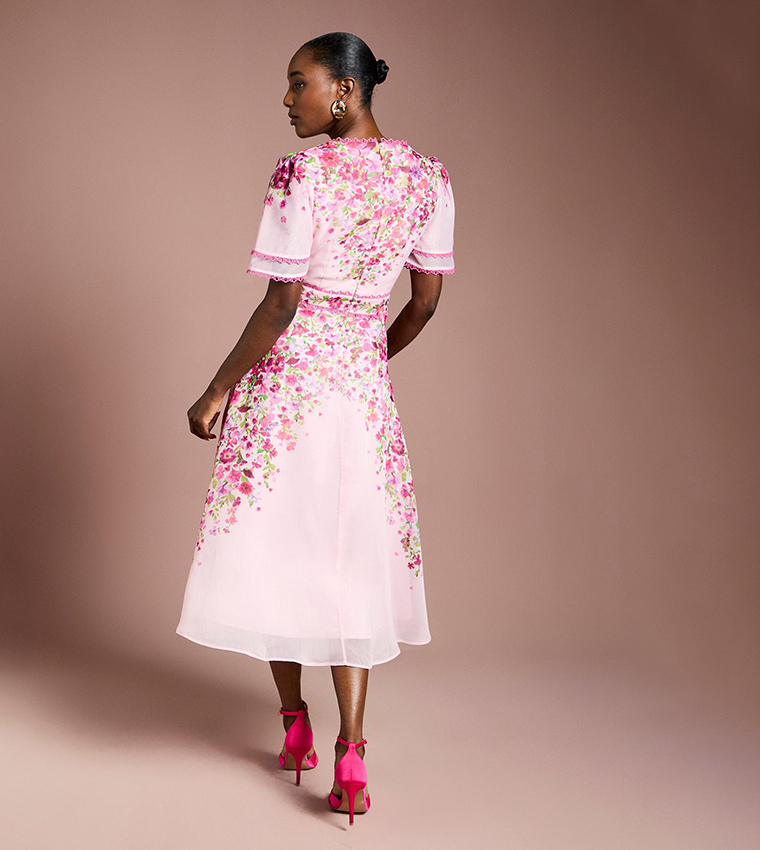 Placement Print Trailing Floral Organza Wrap Midi Dress