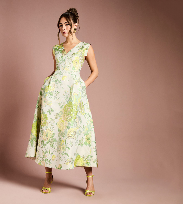 Buy Coast Floral Jacquard Midi Dress In Green | 6thStreet Kuwait