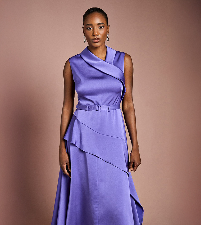 Waterfall Ruffle Belted Satin Midi Dress