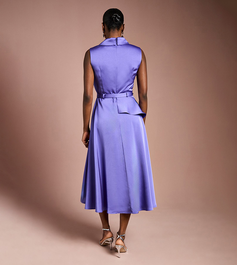 Waterfall Ruffle Belted Satin Midi Dress