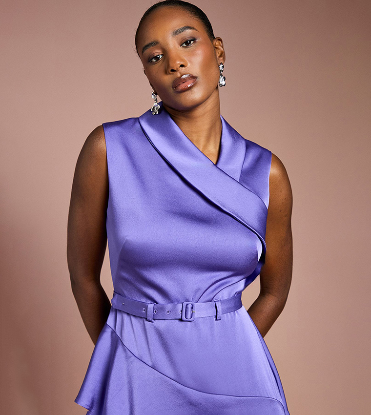 Waterfall Ruffle Belted Satin Midi Dress