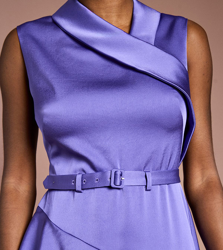 Waterfall Ruffle Belted Satin Midi Dress