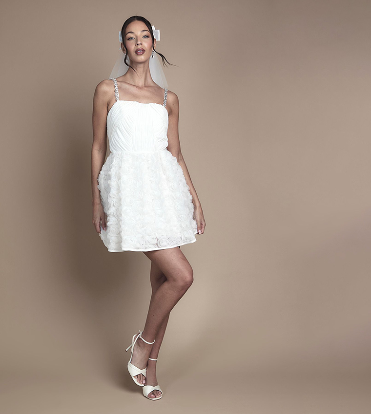 Pleated Bodice Jewell Strap Mini Wedding Dress