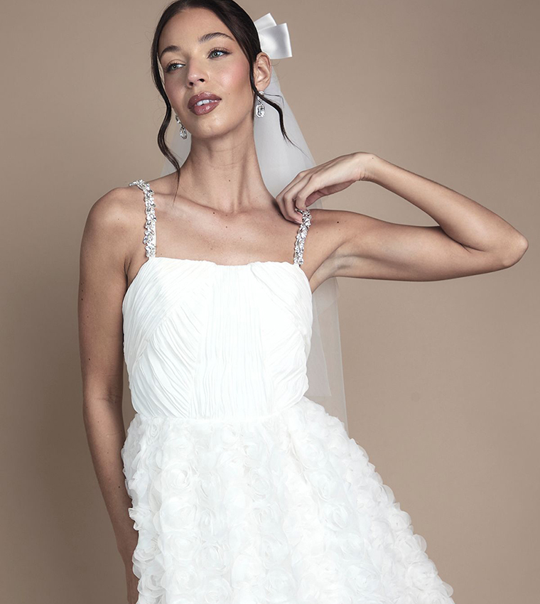Pleated Bodice Jewell Strap Mini Wedding Dress