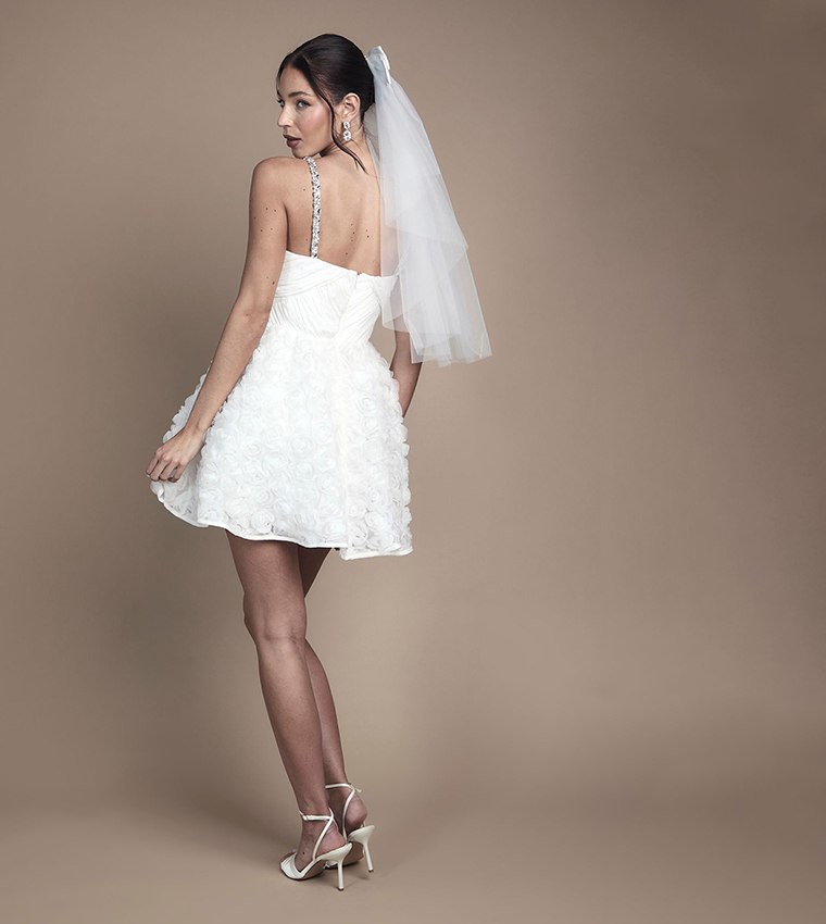 Pleated Bodice Jewell Strap Mini Wedding Dress
