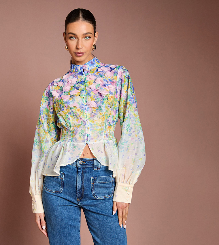 3D Flower Printed Organza Top