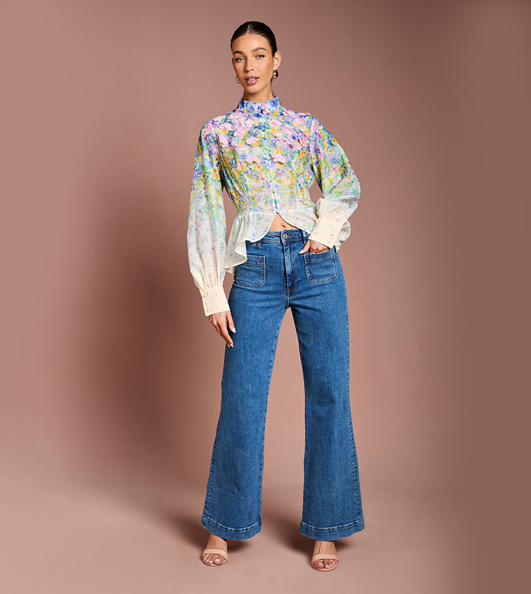 3D Flower Printed Organza Top