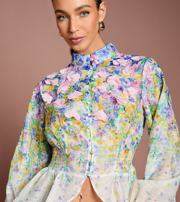 3D Flower Printed Organza Top
