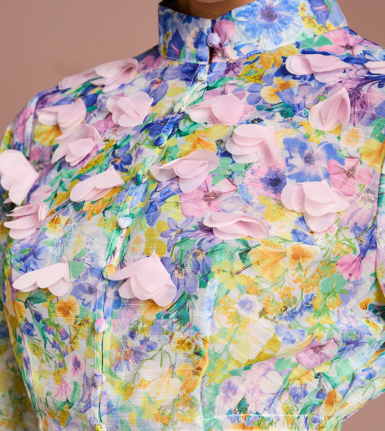 3D Flower Printed Organza Top