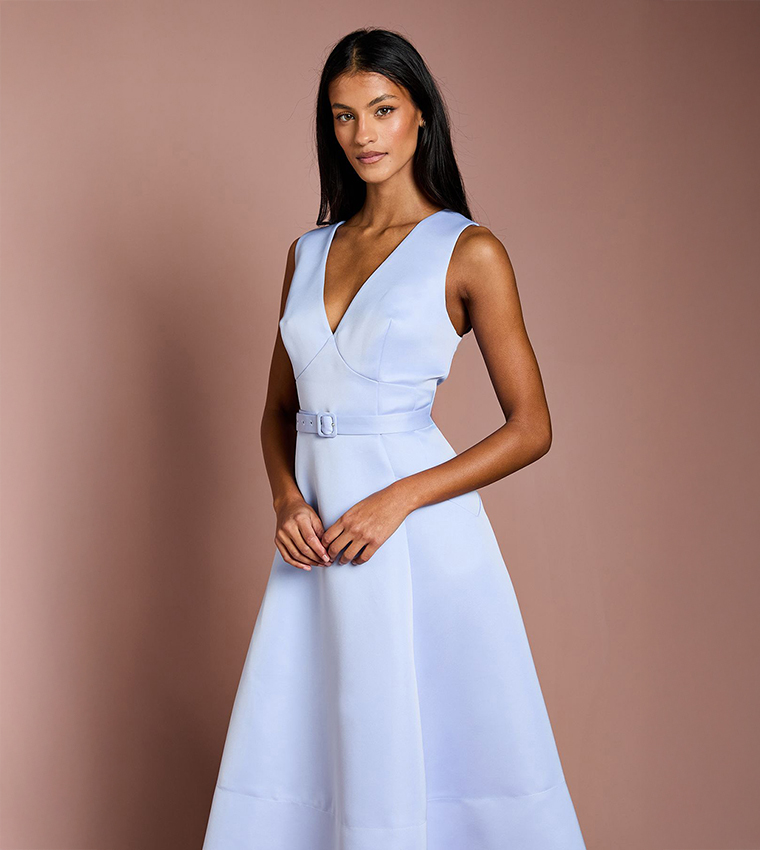 Petite V-Neck Structured Satin Belted Midi Dress