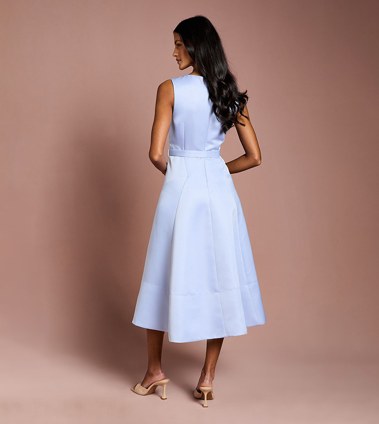 Petite V-Neck Structured Satin Belted Midi Dress