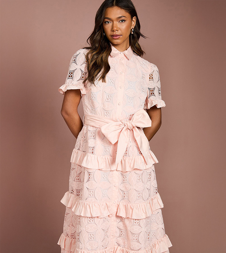 Tiered Lace Shirt Midi Dress