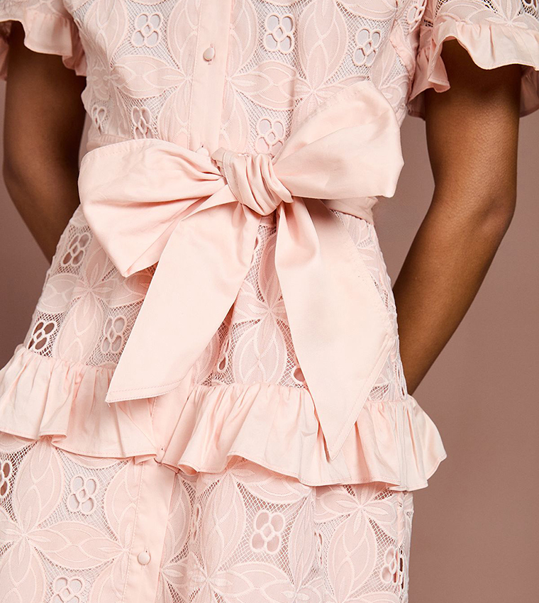 Tiered Lace Shirt Midi Dress