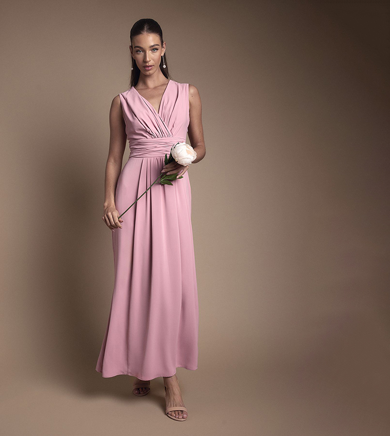 Wrap Front Pleated Waist Maxi Bridesmaid Dress