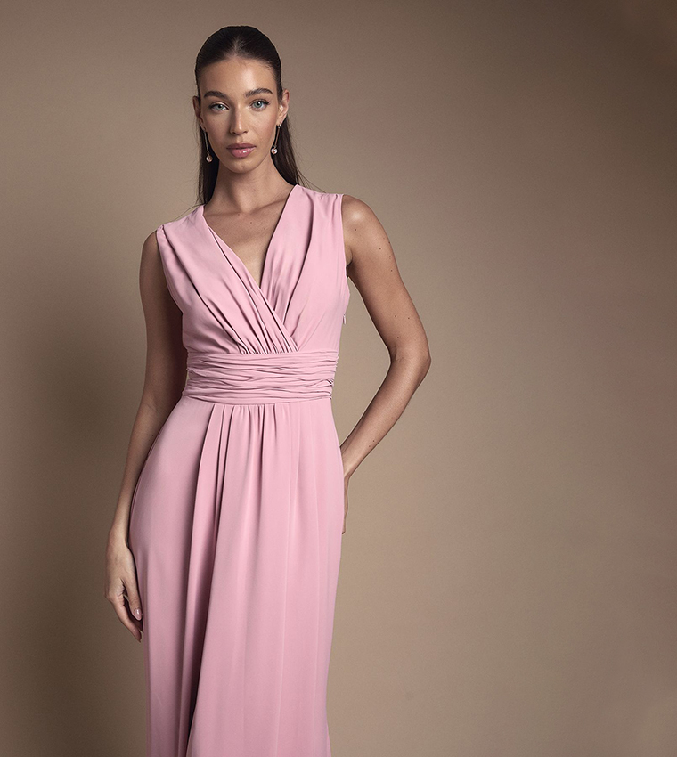 Wrap Front Pleated Waist Maxi Bridesmaid Dress