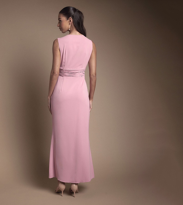 Wrap Front Pleated Waist Maxi Bridesmaid Dress