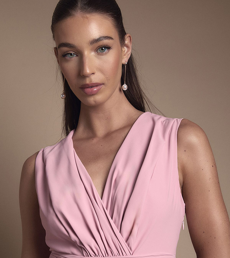 Wrap Front Pleated Waist Maxi Bridesmaid Dress