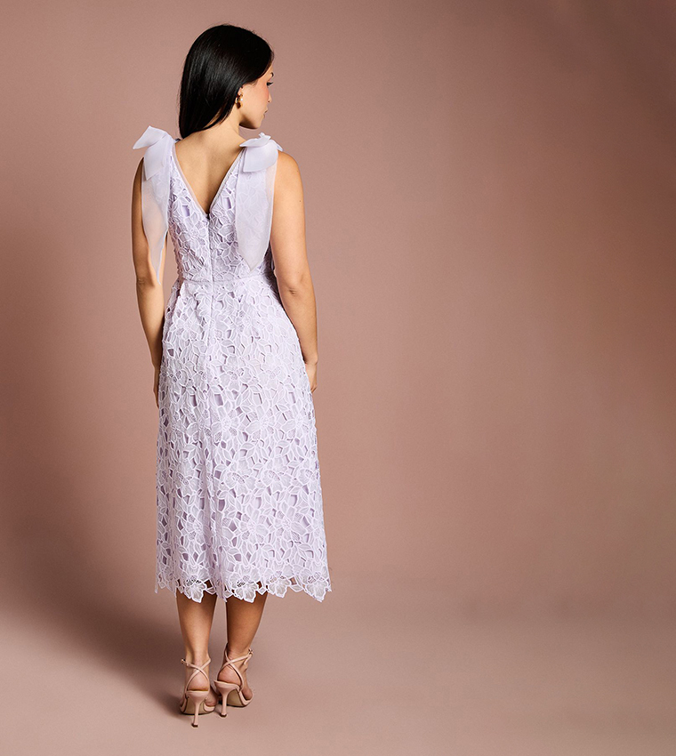 Petite Bow Shoulder Organza Lace Midi Dress