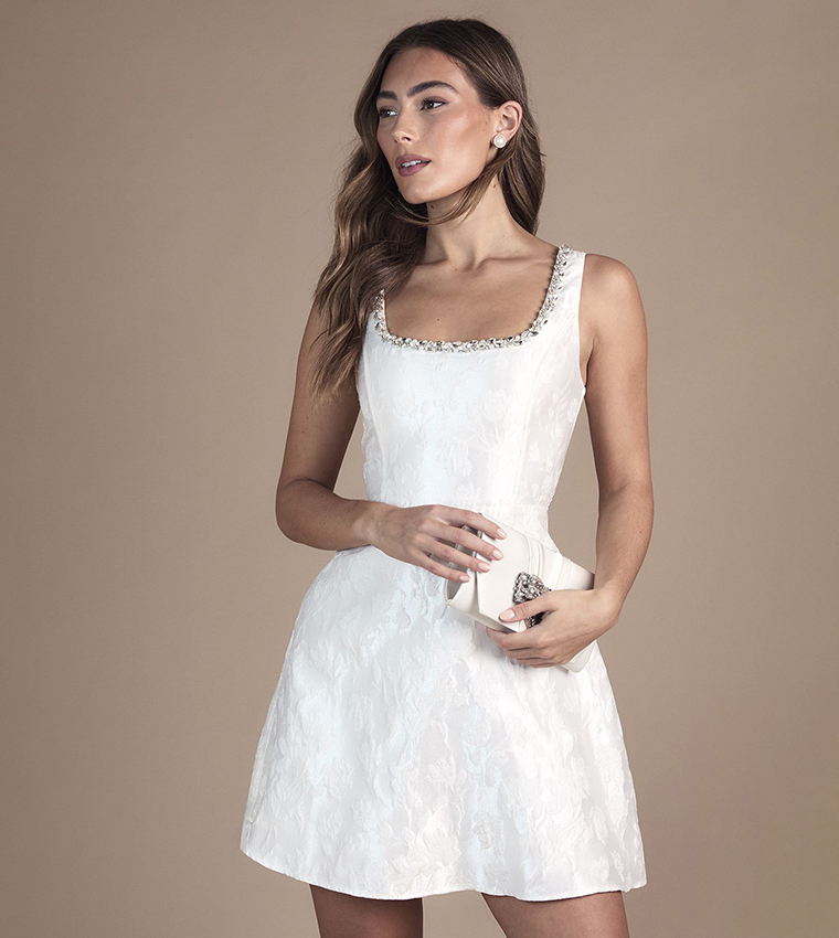 Jacquard Mini Dress with Jewel Trim