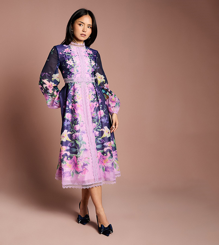 Petite Place Print Organza Lace Trim Midi Dress