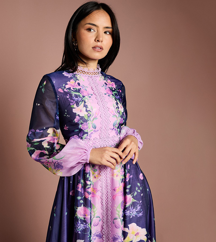 Petite Place Print Organza Lace Trim Midi Dress