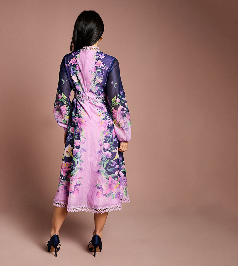 Petite Place Print Organza Lace Trim Midi Dress