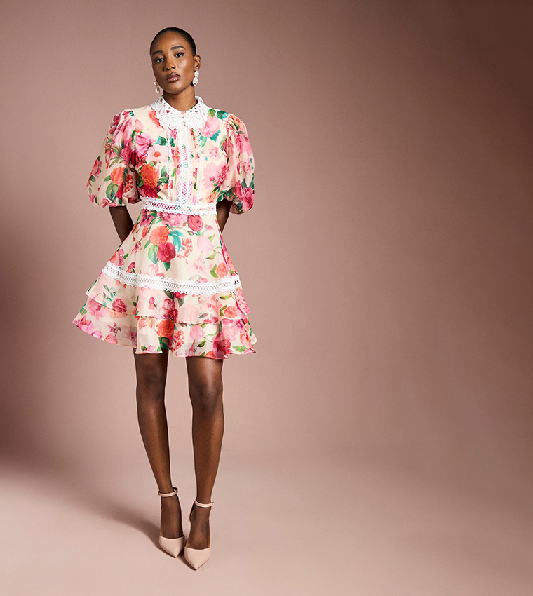 Lace Trim Collared Printed Organza Mini Dress