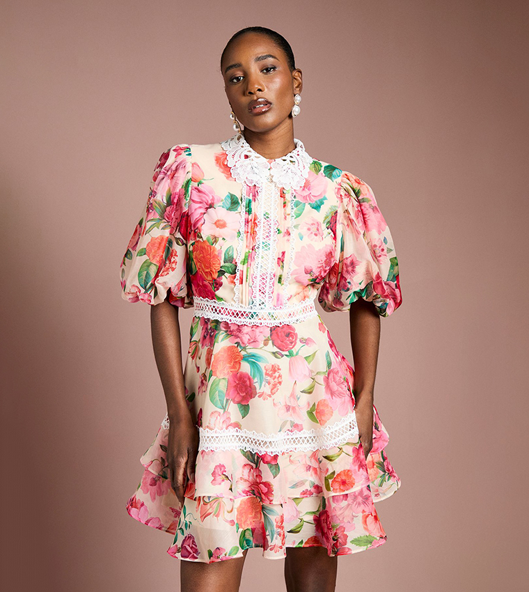 Lace Trim Collared Printed Organza Mini Dress