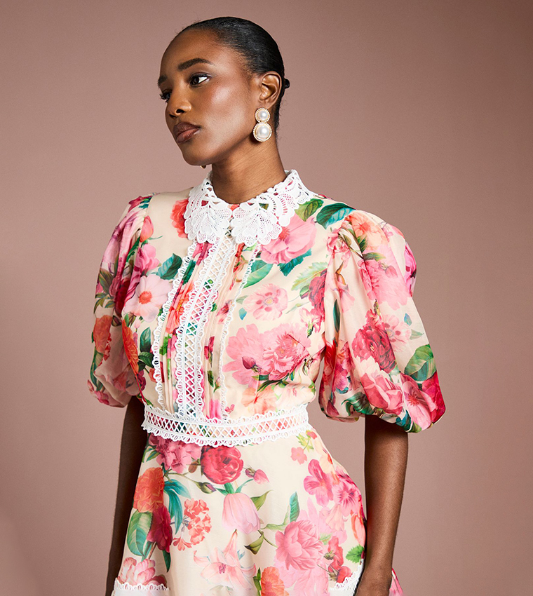 Lace Trim Collared Printed Organza Mini Dress