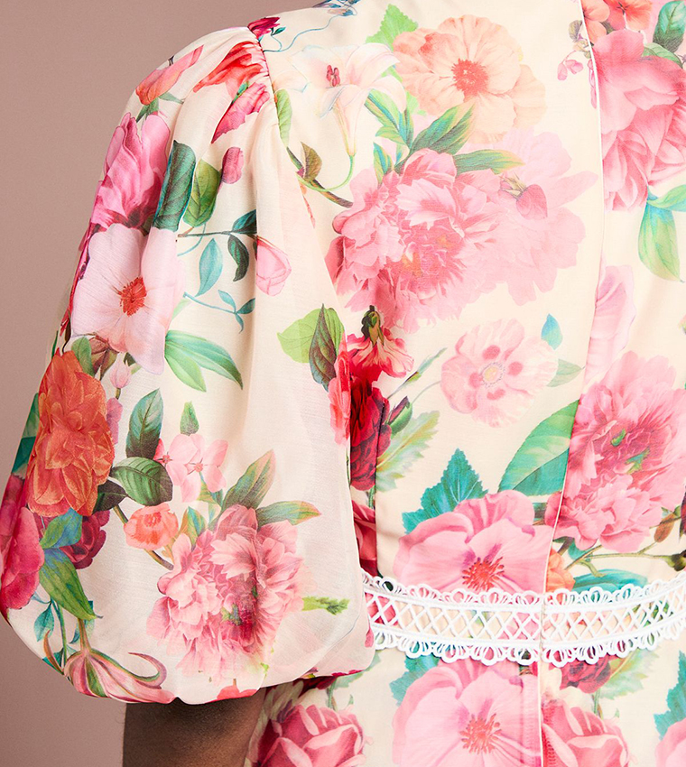 Lace Trim Collared Printed Organza Mini Dress