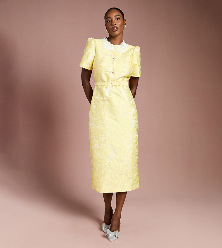 Puff Sleeves Collared Jacquard Midi Dress